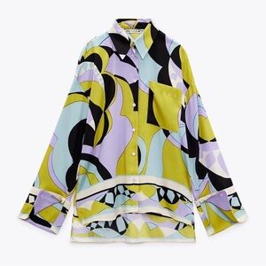 Zara Oversized Printed Shirt With Pocket Long Sleeves Size XS